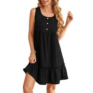 Vintage Womens A Line Tank Dress Front Button Ruffle Hem Sleeveless Black Size S